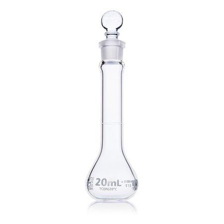 GLOBE SCIENTIFIC Flask, Volumetric, Wide Mouth, Globe Glass, 20mL, Class A, To Contain (TC), ASTM E288, 6/Box 8230020